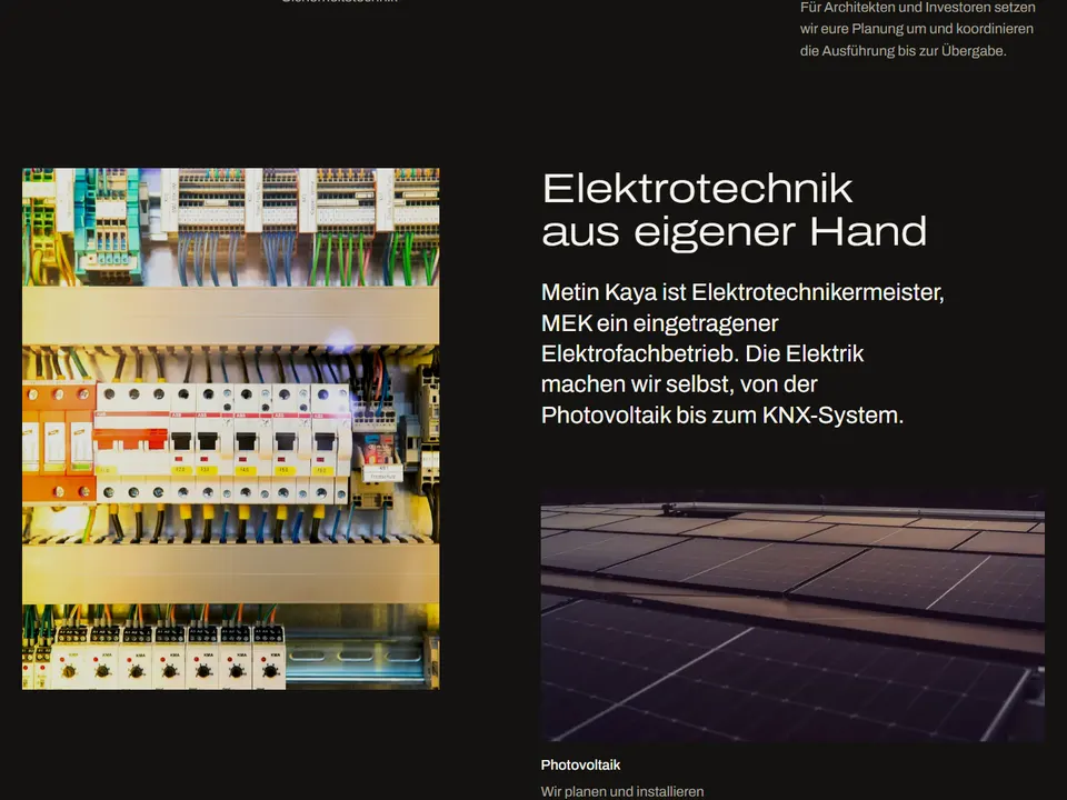 Abschnitt Elektrotechnik auf mek-bau.de mit Fotos von Schaltschrank und Photovoltaik