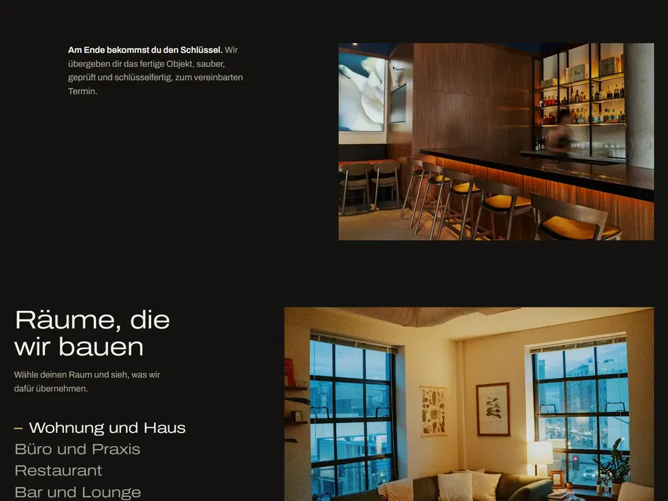 Abschnitt Räume auf mek-bau.de mit Fotos von Bar und Wohnraum