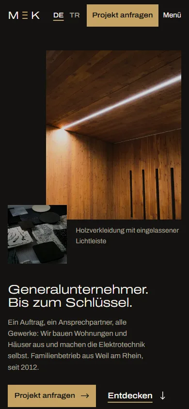 Erster Bildschirm von mek-bau.de auf dem Handy